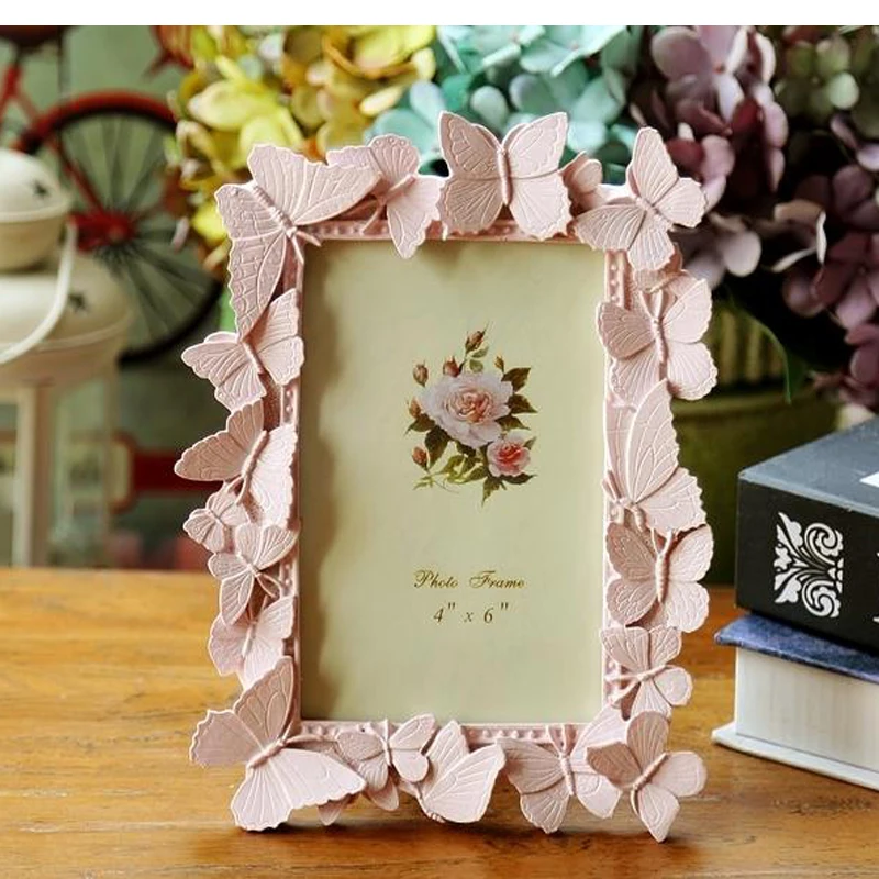 Pink Butterfly Photo Frame, Resin, European Photo Frame, Home Study, Office Decoration Gift, MF192, 6 Inch