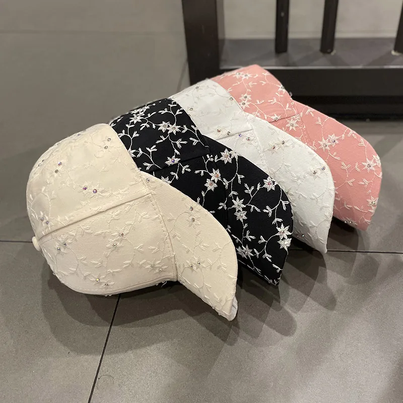 جديد لطيف زهرة التطريز مع أحجار الراين قبعة بيسبول الصلبة الصيف المرأة واقية من الشمس قبعة المراهقين القطن Snapback قبعات