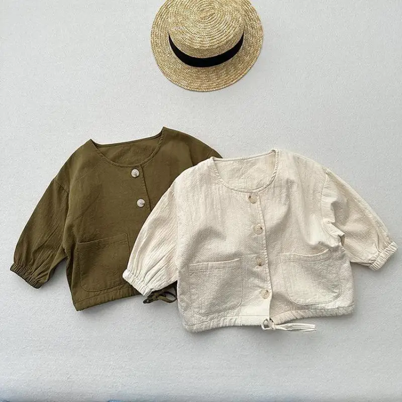 

Новинка осени 2024, детское пальто с длинными рукавами, однотонная винтажная куртка для маленьких мальчиков, модный детский повседневный кардиган для девочек, одежда для малышей