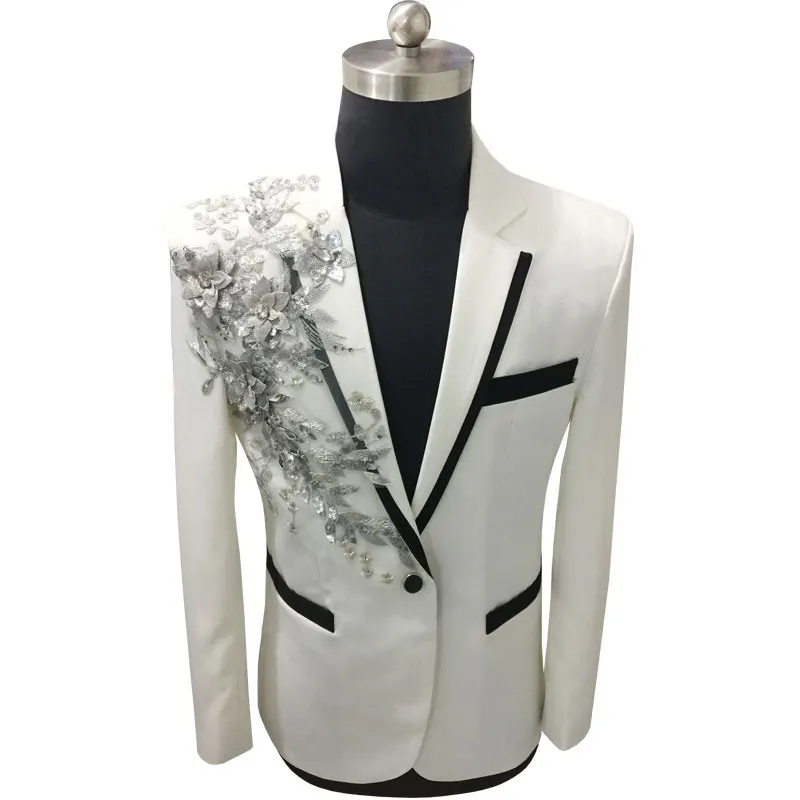 Veste blanche imbibée de broderie de paillettes florales pour hommes, blazers de smoking de marié de mariage, revers de Patricia à un bouton,