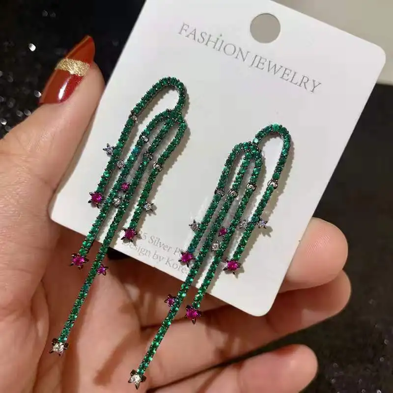 

New Korean Dangle Earrings Sparkling Rhinestone Green Cactus Glossy Bead Long Tassel Metal Pendant Jewelry Party Wedding Gift