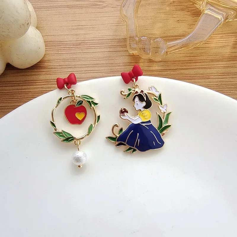 S925 Needle Cartoon Fairy Tale Red Apple Princess Snow White Earrings Sweet Bow Asymmetric Cinderella Drop Earrings for Women