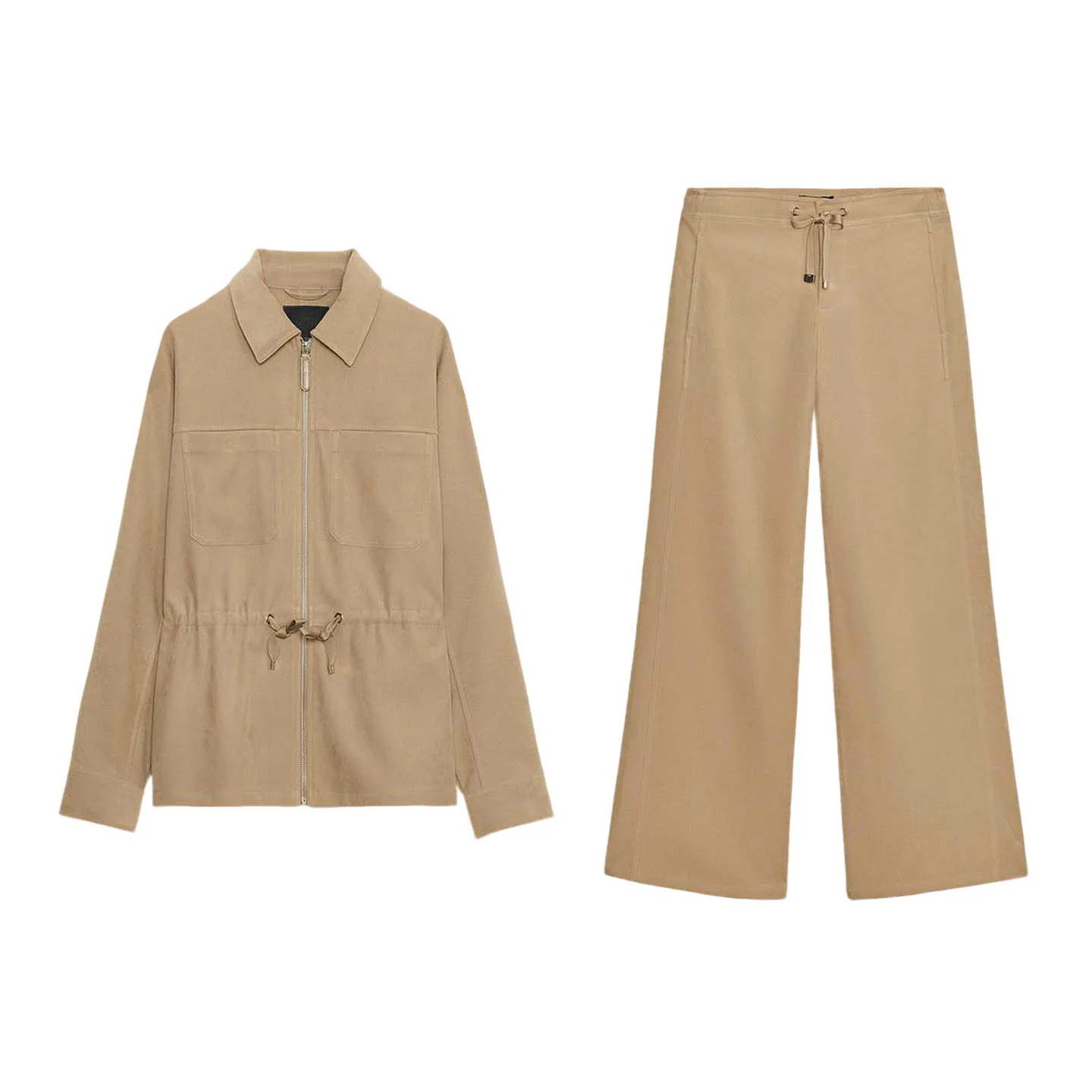 High Waist Wide Leg Casual Long Pants Coat ket Decorated Flip Collar Waist ket Women's Faion Set Autumn Season