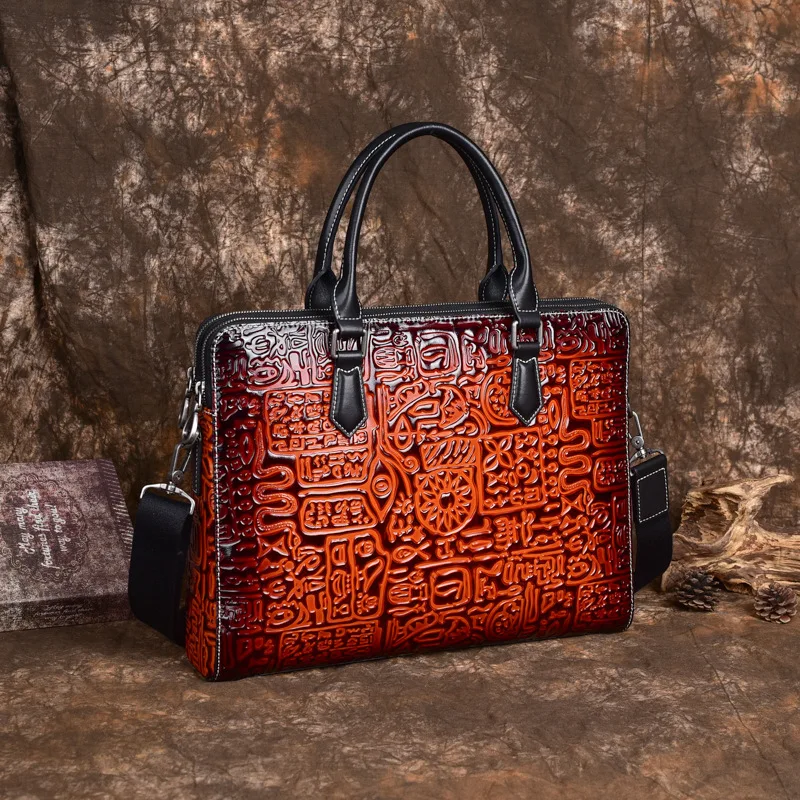 Vintage Briefcase for Man Top Layer Emboss Genuine Leather Cowhide Luxury Advanced Laptop Notebook Handbag Shoulder Business Bag