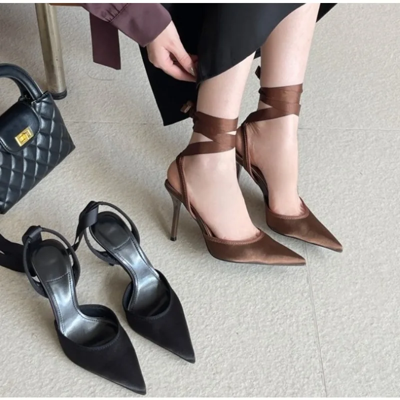 2026 Summer New Women's Black High Heels Pointed Toe Stiletto Ankle Strap Sexy Elegant Banquet Dress Ladies Shallow Sandal Shoes