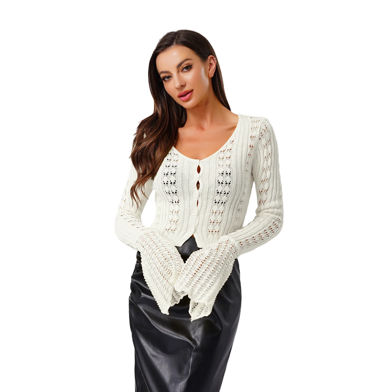 

Женский стильный вязаный кардиган с длинными расклешенными рукавами и v-образным вырезом, короткий вязаный кардиган на пуговицах, свитер, топы для уличной театрализованной одежды