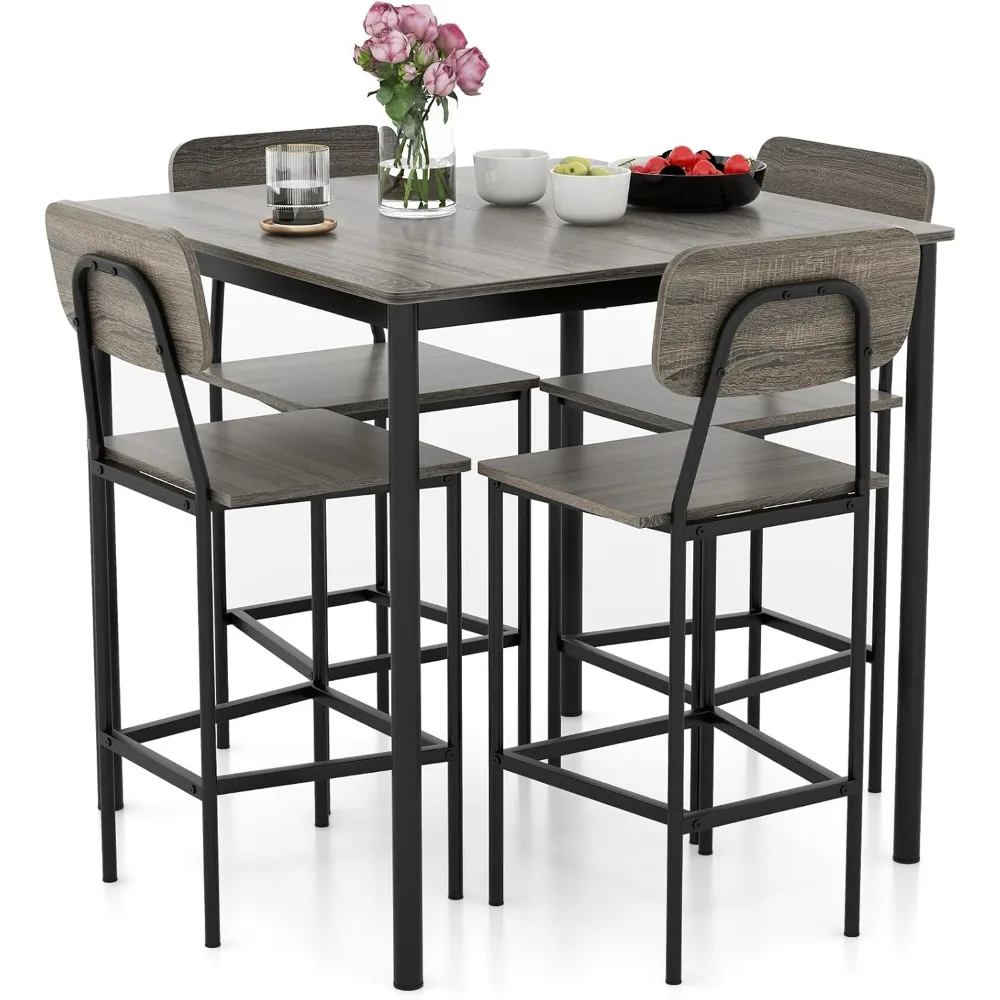 

5-Piece Dining Table Set W/Counter Height Table & 4 Bar Stools, Modern Kitchen Dining Set W/Footrest & Backrest