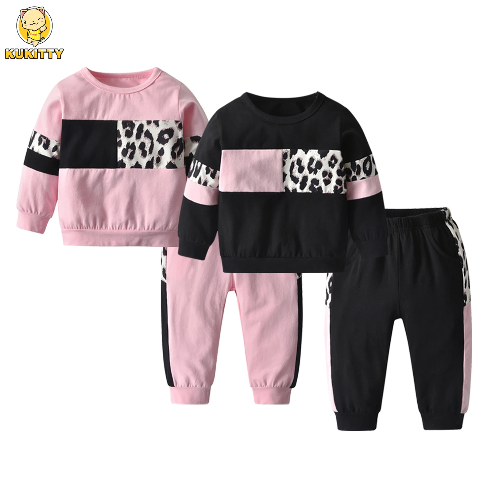 Kukitty Children\'s 2PCS Cothing Sets For Girls Spring Autumn Casual Patchwork Long Sleeve Pullover Top & Pants Kids Tracksuit