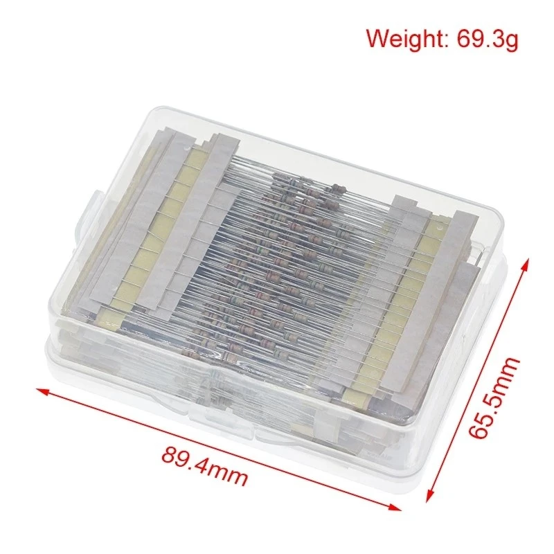 Bloco do resistor do filme do carbono, 1/6W, 5% 1 ohm-10m, 10 pcs cada um de 64, não valores da resistência, 640 PCes no total, encaixotado