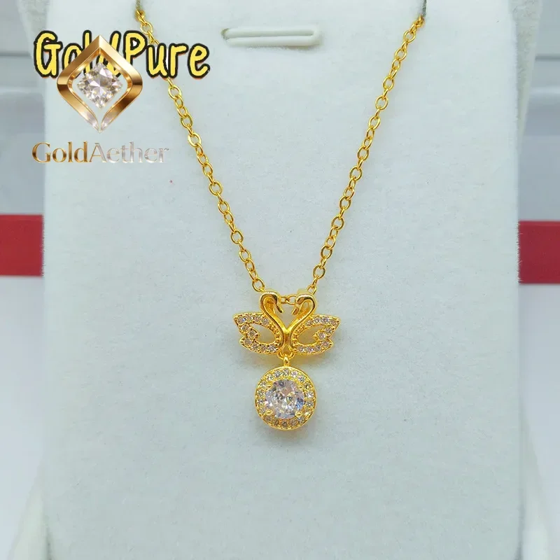 

GoldAether Women's Clavicle Chain 9999 24K Real Gold Double Swan Pendant Inlaid Moissan Diamond Fashion Necklace Nichegift