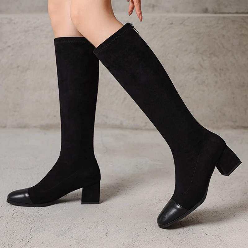 

Fashion Women's Knee High Boots Black Brown Faxu Suede Quality Comfort Chunky Heels Zipper Long Footwear Shoes Ladies Large Size