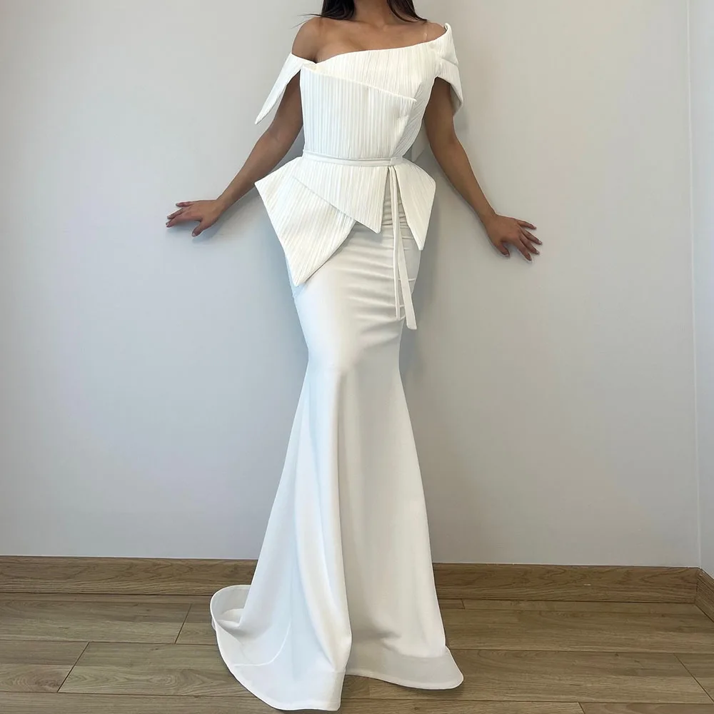 

Customized A-Line Prom Dresses Floor-Length Off The Shoulder Sleeveless Evening Gwon Simple Fashion Draped Sashes Party Gown