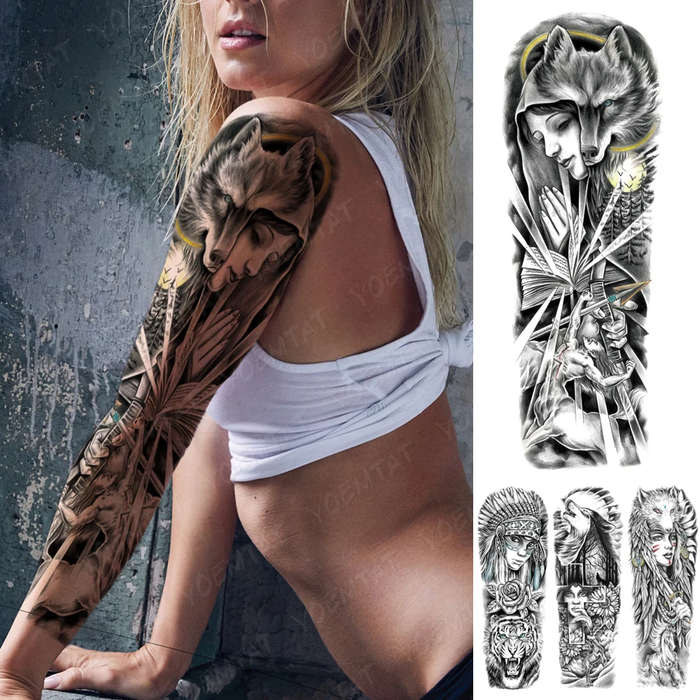 

Large Arm Sleeve Tattoo Wolf Sagittarius Waterproof Temporary Tattoo Sticker Nun Maria Moon Full Fake Tatto Body Art Men Women