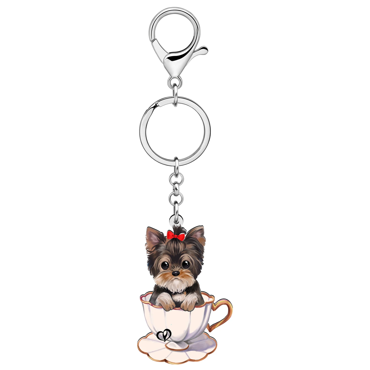 BONSNY Acrylic Cute Teacup Yorkshire Dog Puppy Purse Car Keychains Key Chain For Women Girls Kid Key Ring Gifts Accessories