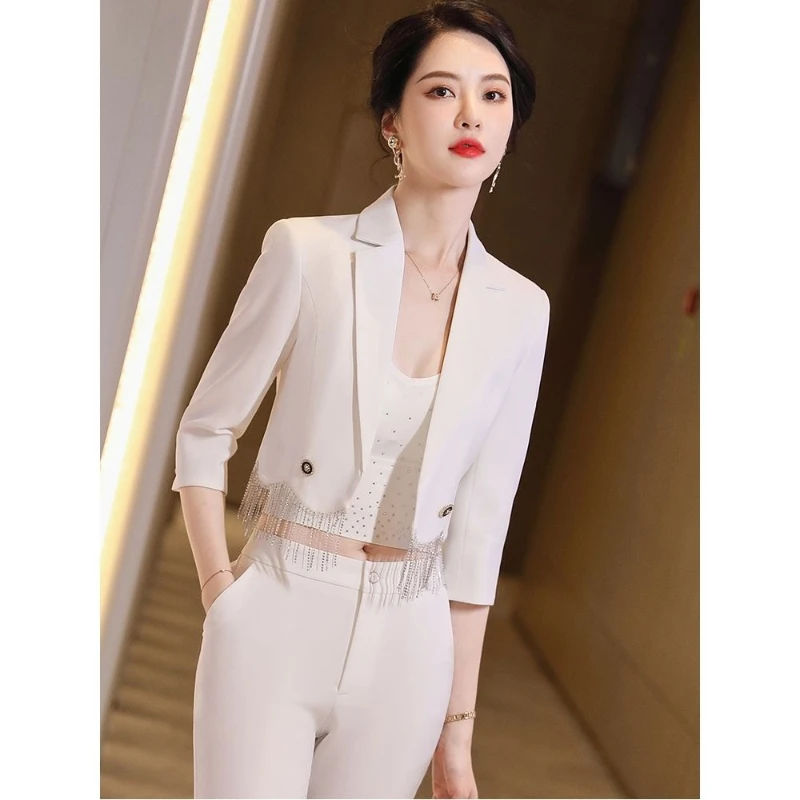 

Women's Spring French Elegant Bright Diamond Tassel Suit Pants Set Vintage Commuter Tassel Blazer Wide Leg Pants Two Piece Sets