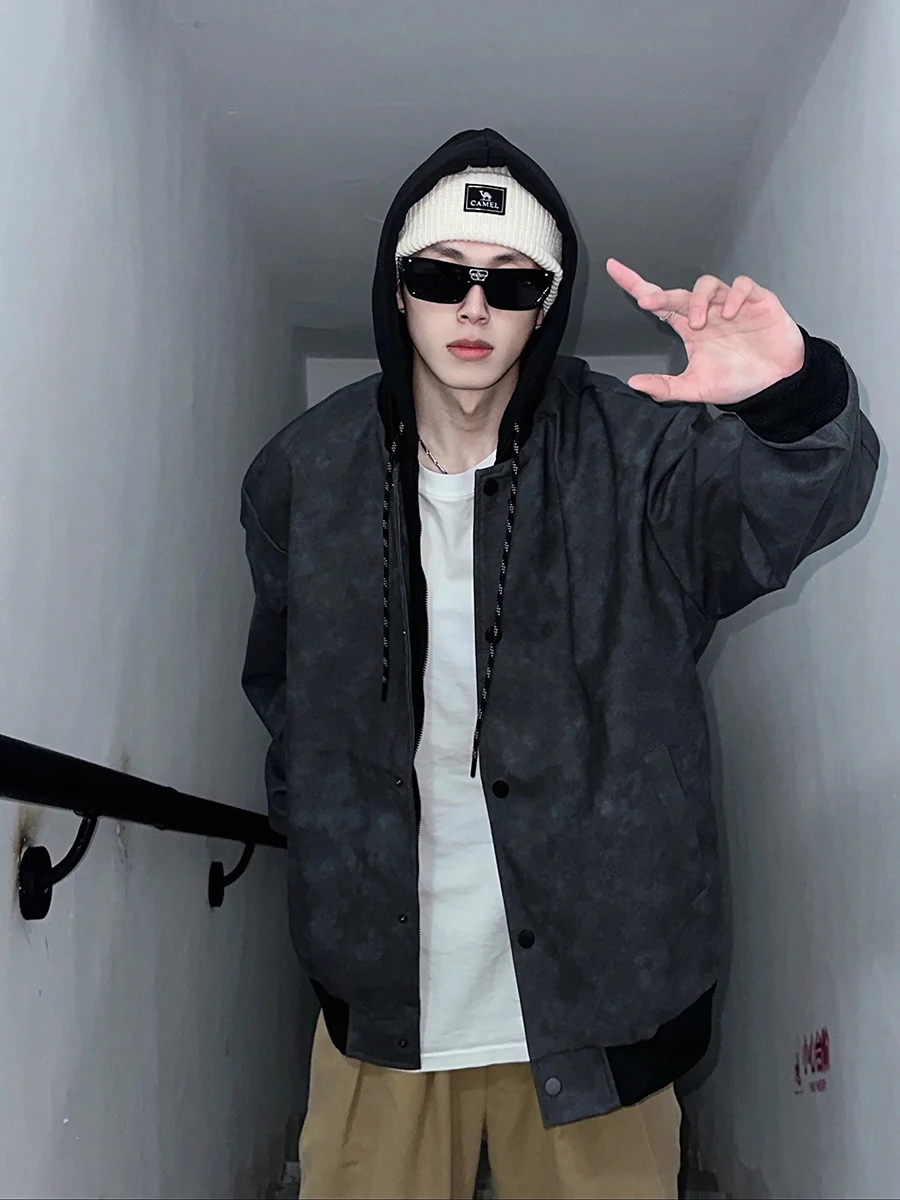 

Мужская кожаная куртка-худи Bla, весенне-осенняя, в американском ретро-стиле, с градиентной окраской, мотоциклетная одежда, свободный крой, эластичный низ