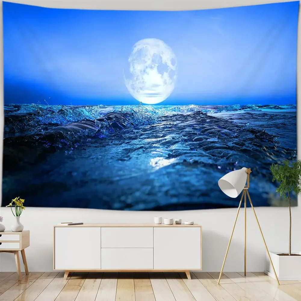 Moon and Sea Sunset Landsacpe Tapestry Wall Hanging Beach Starry Sky Tapestry Home Aestheticism Decor for Living Room Bedroom