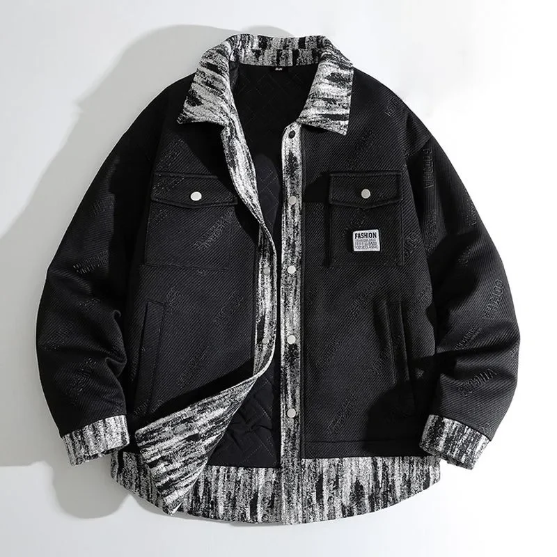 

Male Casual Large Size Loose Outwear Fashion Outcoat Autumn Winter Men Stitching Fake Two Pieces Lapel Thickening Warm Jacket