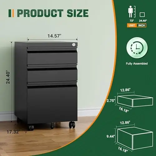 3 Drawer Mobile File Cabinet with Lock,Under Desk Metal Filing Cabinets for Home Office Organizer