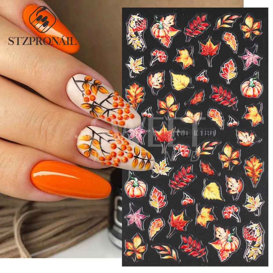 5D Autumn Nail Stickers Maple Leaf Fall Inspired Nails Design Pumpkin Wing Decals Thanksgiving Manicure Sliders Foils SL5D-K179