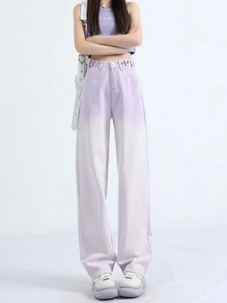 

Sweet Gradient Pink Straight Pants Wide-legged Jeans Women's Summer Thin Section High-waisted Slim Loose Coloder Design Sense