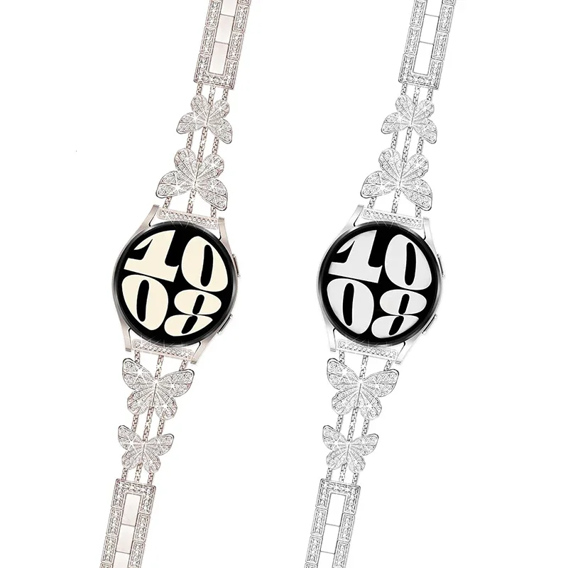 22mm Metal Butterfly Watch Strap For Samsung Galaxy Watch 3 45mm 46mm GearS3 Watchband Woman Fashion Rhinestone Bling Alloy Band