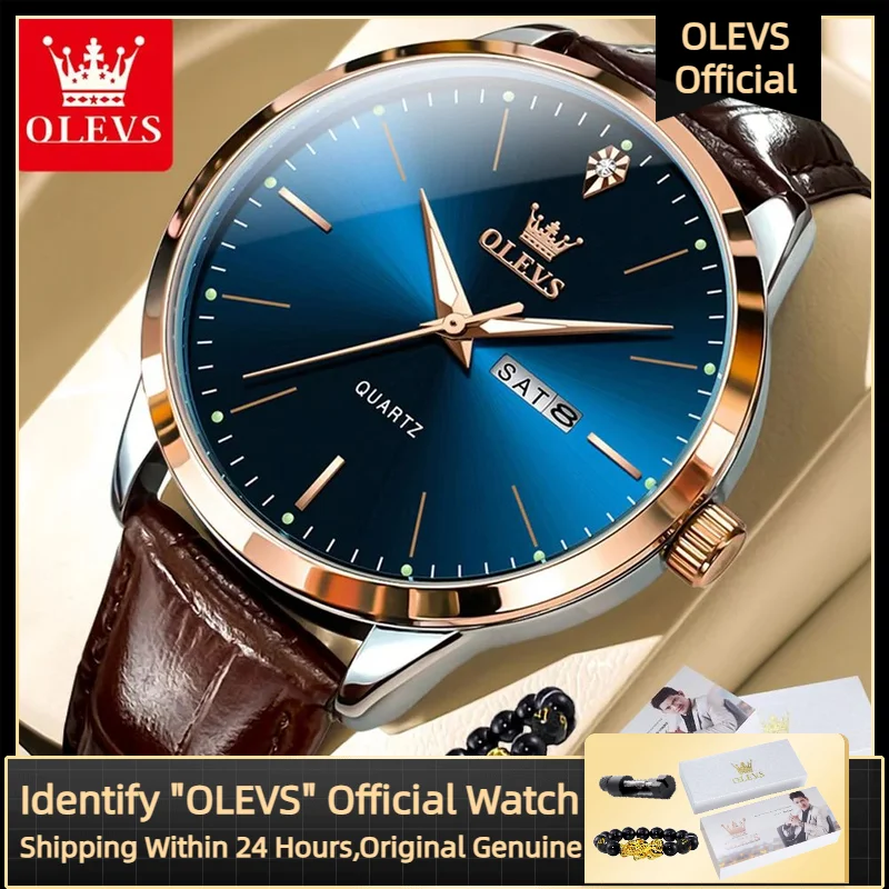 OLEVS 2935 Business Casual Men\'s Watch Waterproof Leather Strap Luxury Brand Date Week Temperament Trend Quartz Men\'s Watch