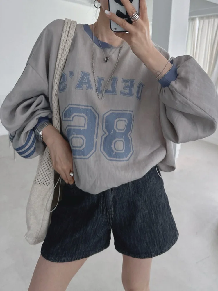 

Винтажный свитшот с буквенным принтом, женский шикарный круглый свободный крой, универсальный утягивающий топ с двойной полоской для снижения возраста