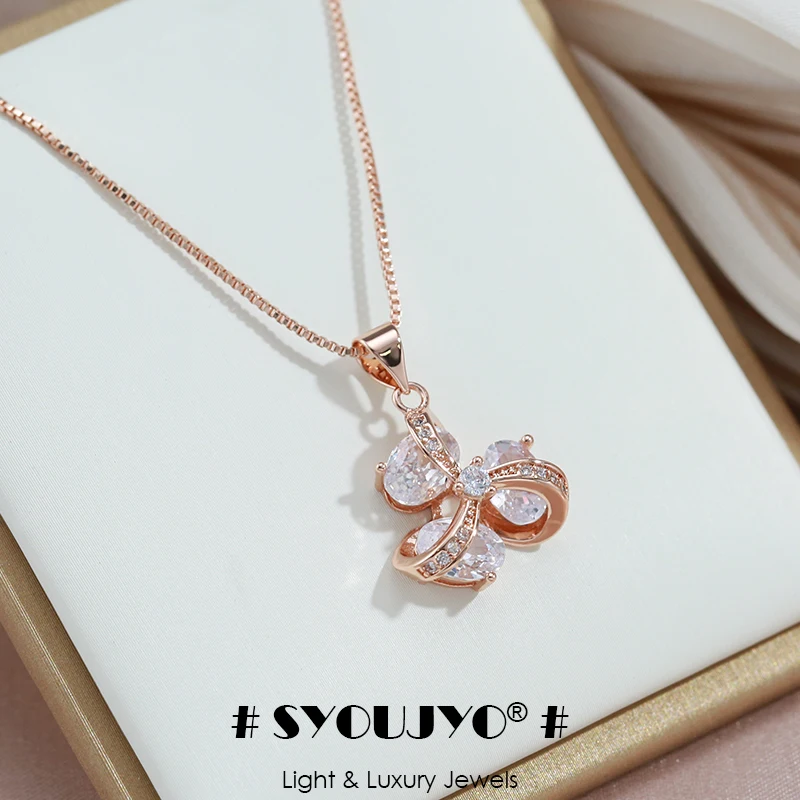 SYOUJYO Shiny Natural Zircon Pendant Necklace For Women 585 Rose Gold Color Fine Jewelry Box Chain Bride Wedding Necklace