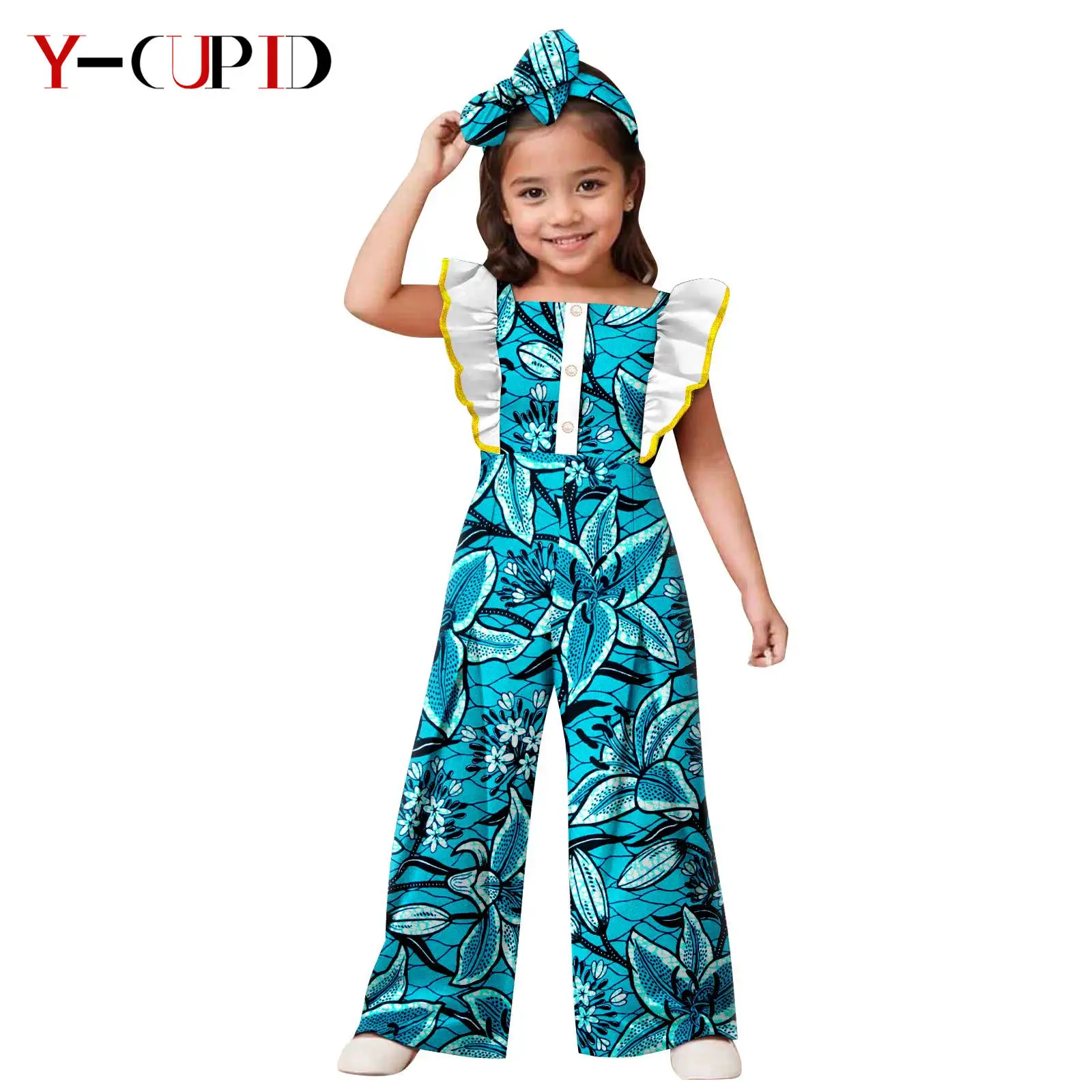

African Print Clothes Girls Ruffles Sleeve Romper Jumpsuit Match Bowtie Handwear Dashiki Kid Children Ankara Outfits 2549001