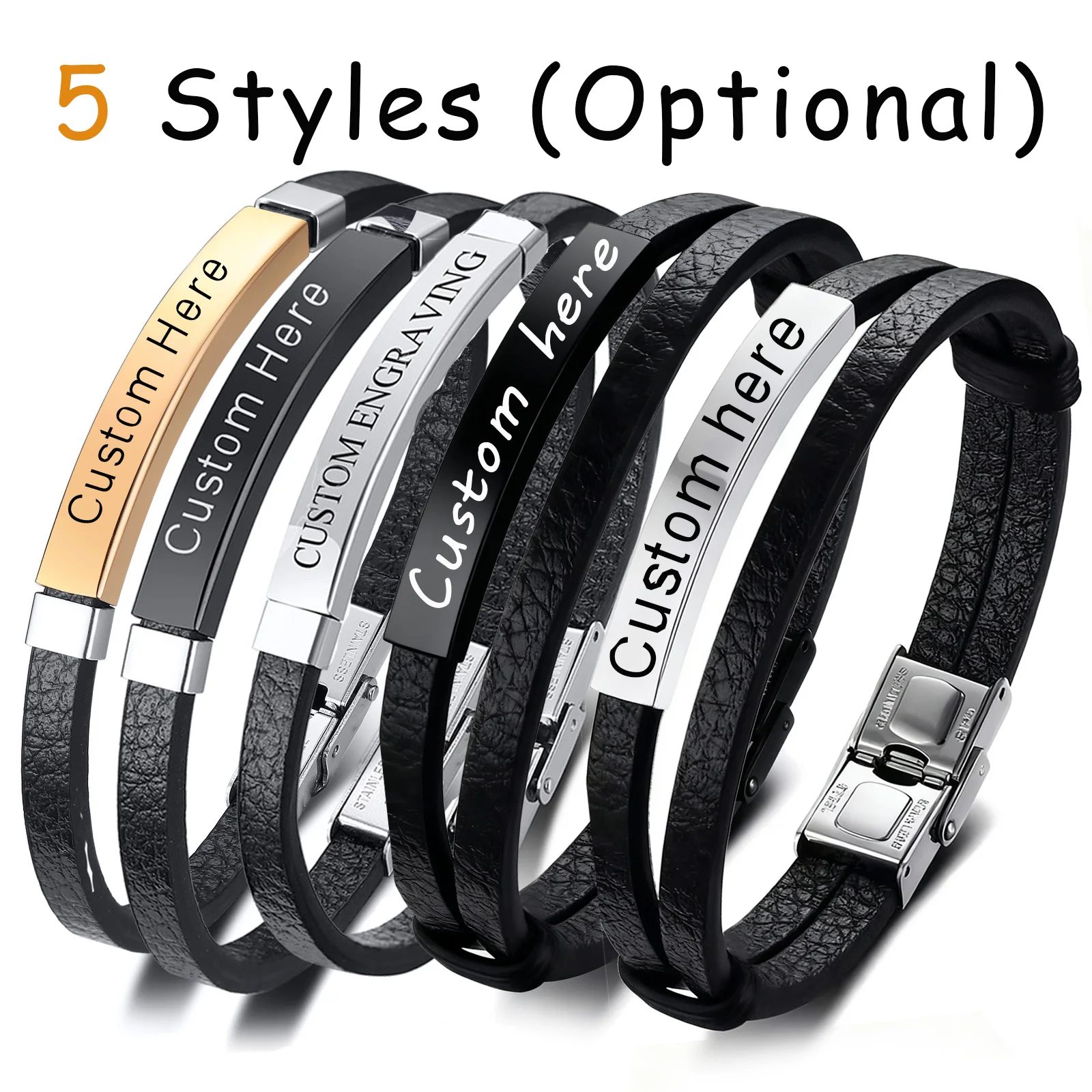 

Кожаный браслет на заказ с гравировкой имени, логотипа, текст, персонализированные браслеты из нержавеющей стали, индивидуальный подарок для женщин и мужчин (5 стилей)