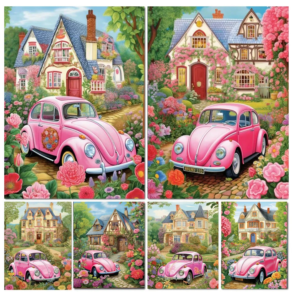 Diamond Embroidery Landscape Garden Villa Diamond Painting New Arrival Pink Car Cross Stitch Mosaic 5D DIY 2024 Home Decor E583