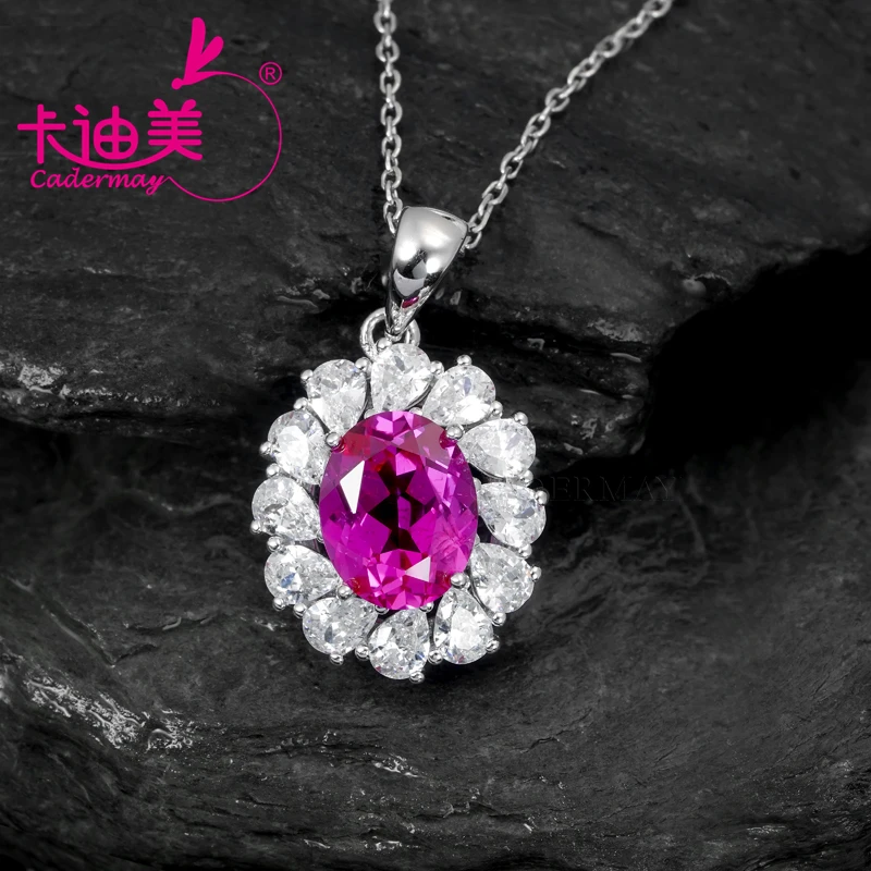 CADERMAY 8x10mm Lab Grown Ruby Rose Pink Color S925 Sterling Silver Chain Necklace For Women Jewelry Wedding Anniversary Gifts