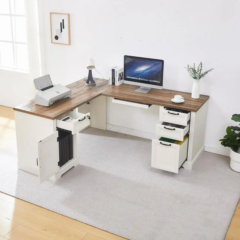 مكتب زاوية ريفي 69 على شكل حرف L مع صينية لوحة مفاتيح، وحدة تخزين قابلة للقفل، وخزانة ملفات قابلة للتعديل، ومحطة شحن #6