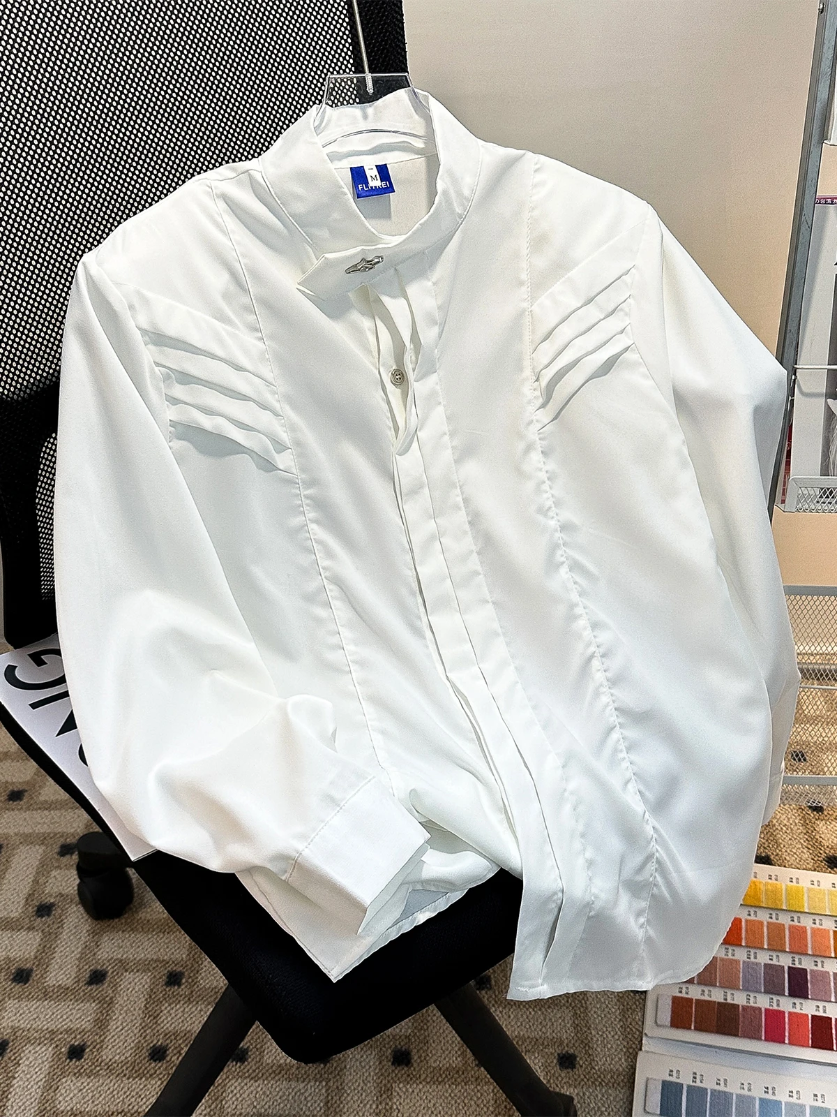 

Loose Long Sleeve Shirt Stand Collar Deconstructed Pad Shoulder Design Unisex White Outerwear Spring Fashion Youth Trend