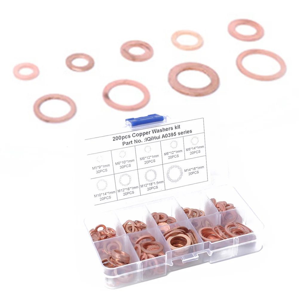 9 Sizes Solid Copper Crush Washers Assorted Seal Flat Ring Hardware kit 200pcs