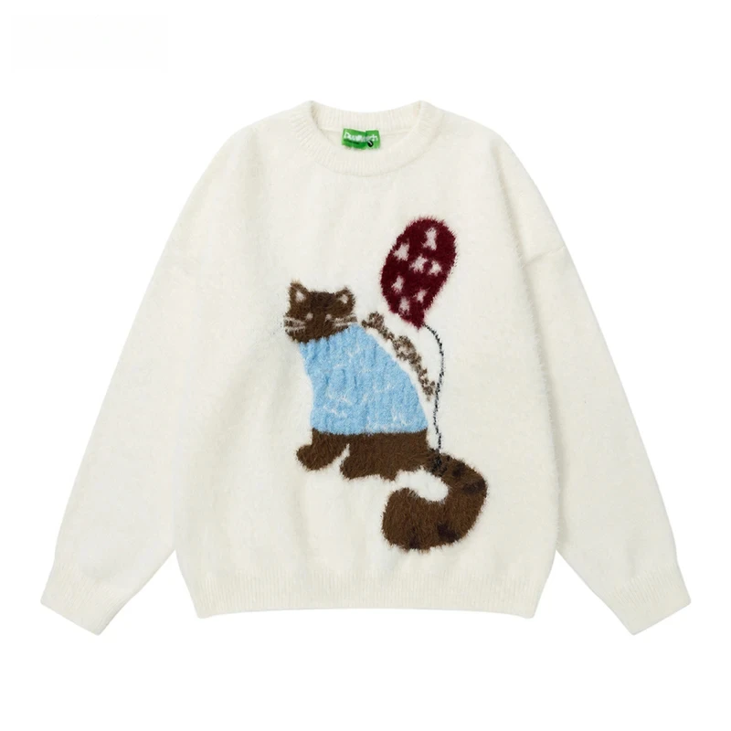 

Жаккардовый свитер с рисунком кота, мужской ретро осенне-зимний повседневный свободный вязаный пуловер с круглым вырезом и длинными рукавами