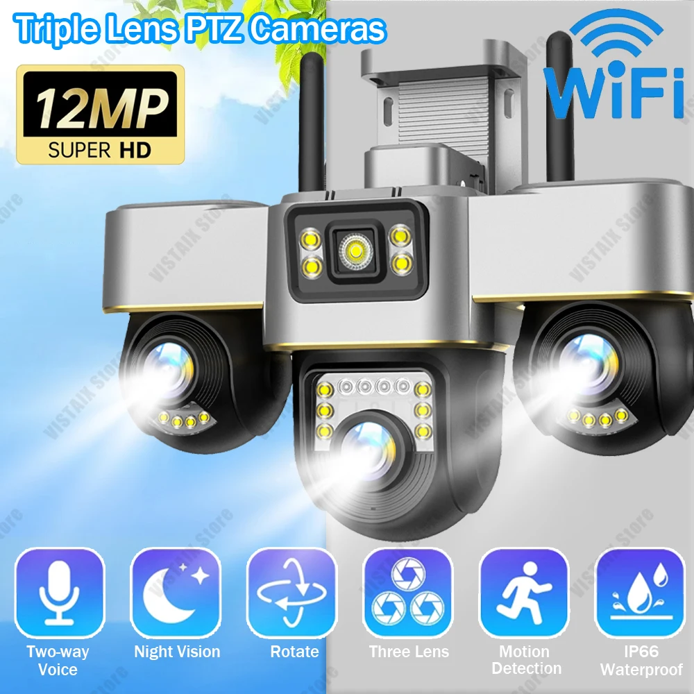 

V380 Pro Wi-Fi камера с тройным объективом, 10-кратный зум, 6K, 12 МП, уличные IP-камеры, обнаружение человека, ночное видение, наблюдение, управление через приложение Ptz