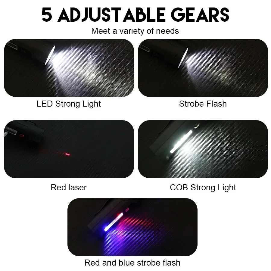 Torcia LED super luminosa Torcia ricaricabile USB Rosso Blu Flash Proiettore COB a doppia sorgente per luce di emergenza da campeggio all'aperto