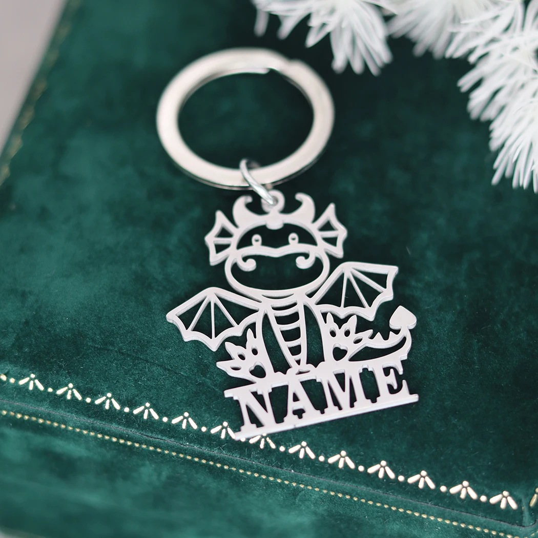 QIAMNI Stainless Steel Cute Dinosaur Custom Name Keychain Animal Tyrannosaurus Key Chain Engrave Nameplate Keyring Jewelry Gift