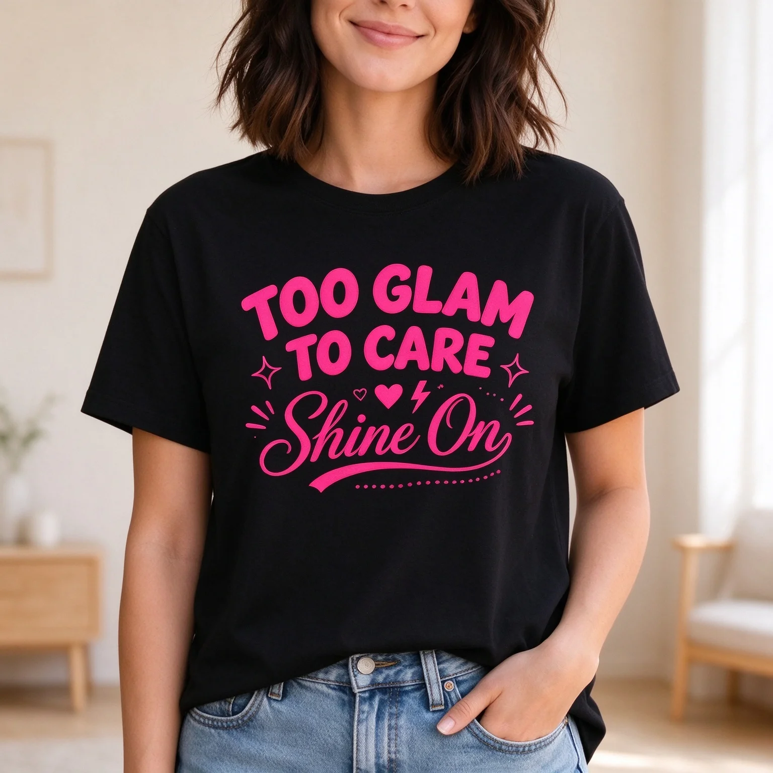 Women Too Glam To Care Shine On Retro Pink Letter Heart Sparkle Graphic Short Sleeve T Shirt