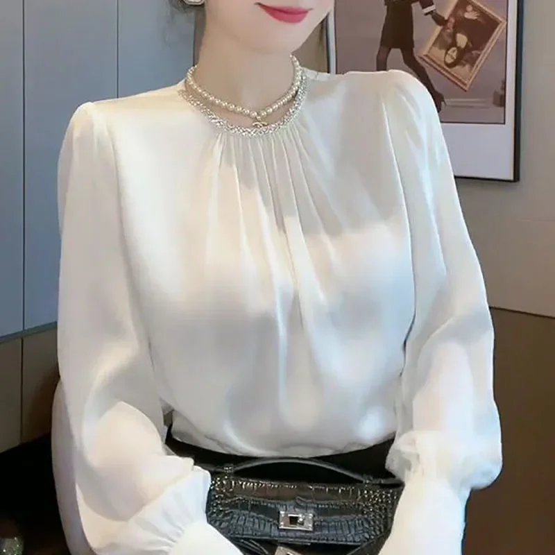 

Элегантная блузка с круглым вырезом и складками из бисера, женская одежда, осень-зима, новые повседневные топы большого размера, офисная женская рубашка