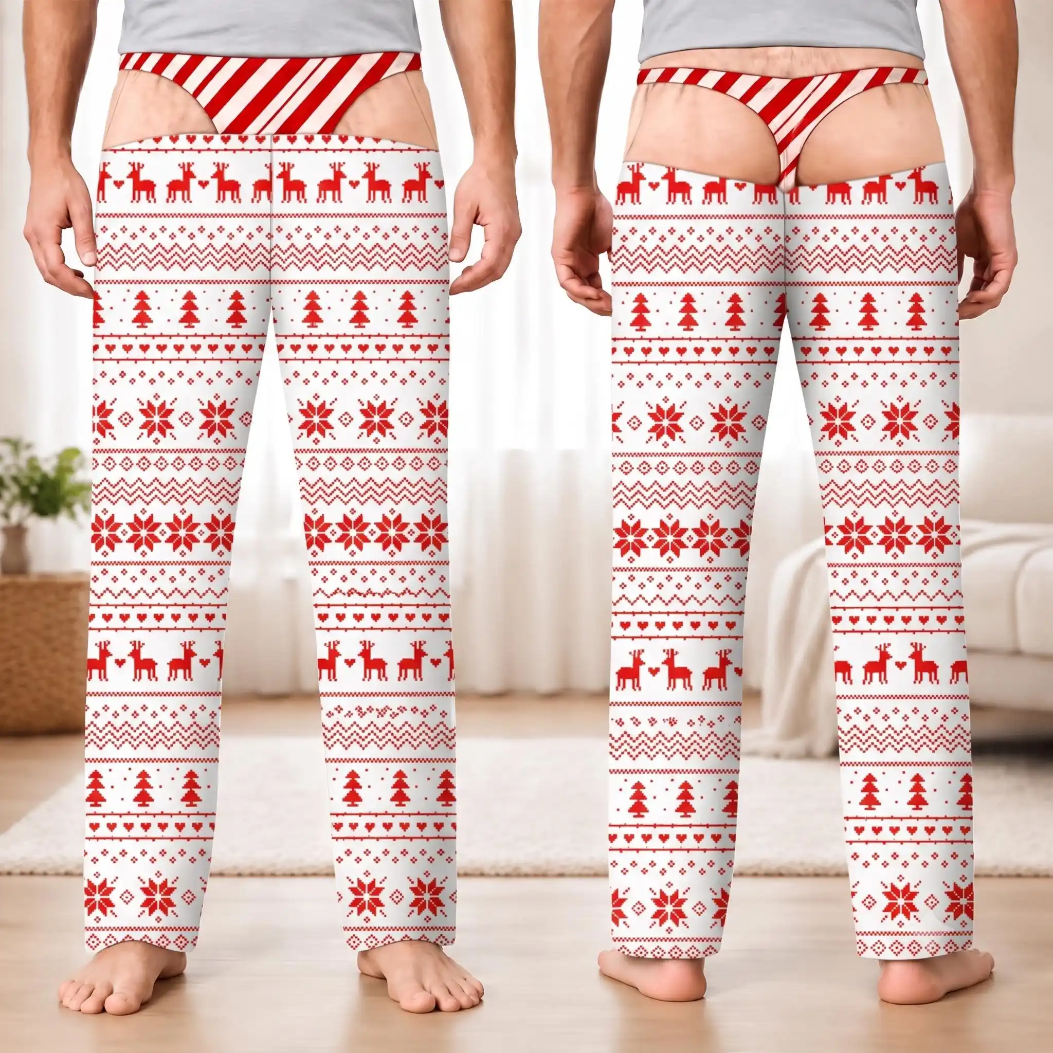 Funny Christmas Pajama Pants, Fake Underwear Illusion Plaid Bottoms Gag Gift Funny Husband Wife Xmas Gift Novelty Gag Gift