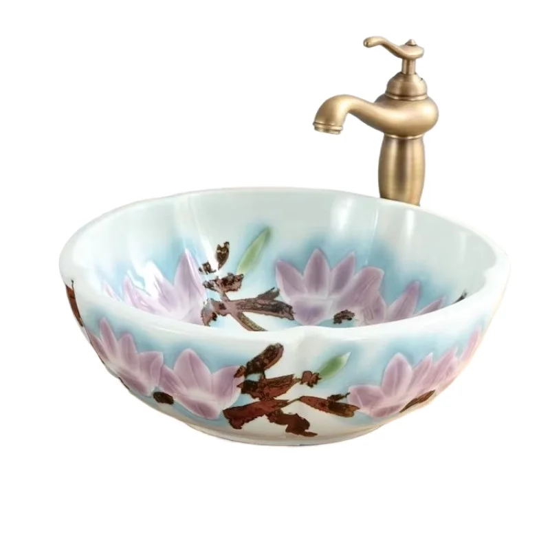 

Chinese flower sink single hole faucet installation ceramic stone material bathroom household