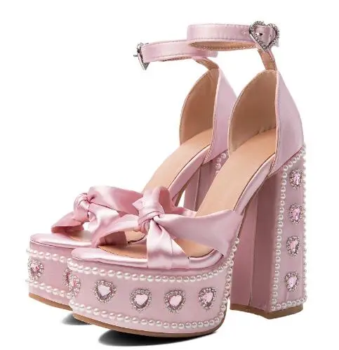 Women Red Satin Platform Block Heel Sandals Open Toe Bow Knot Ankle Strap Sandals Heart Rhinestone Pearl Chunky Heels Sandals - view 6