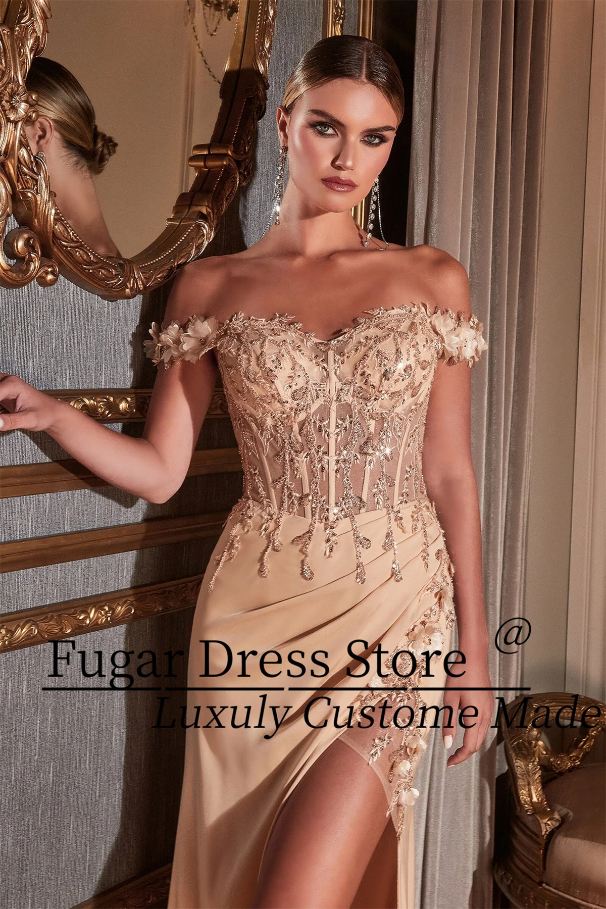 Gorgeous 3D flower long shoulder exposed Prom Dress Sweetheart Corset Style Corset Formal Evening Dresses Vestidos De Gala