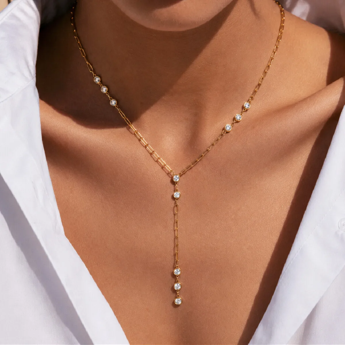 SHIXIN Delicate Zircon Y Shape Pendant Necklace Women Fashion 18K Gold Plated Stainless Steel Clavicle Chain Waterproof Jewelry