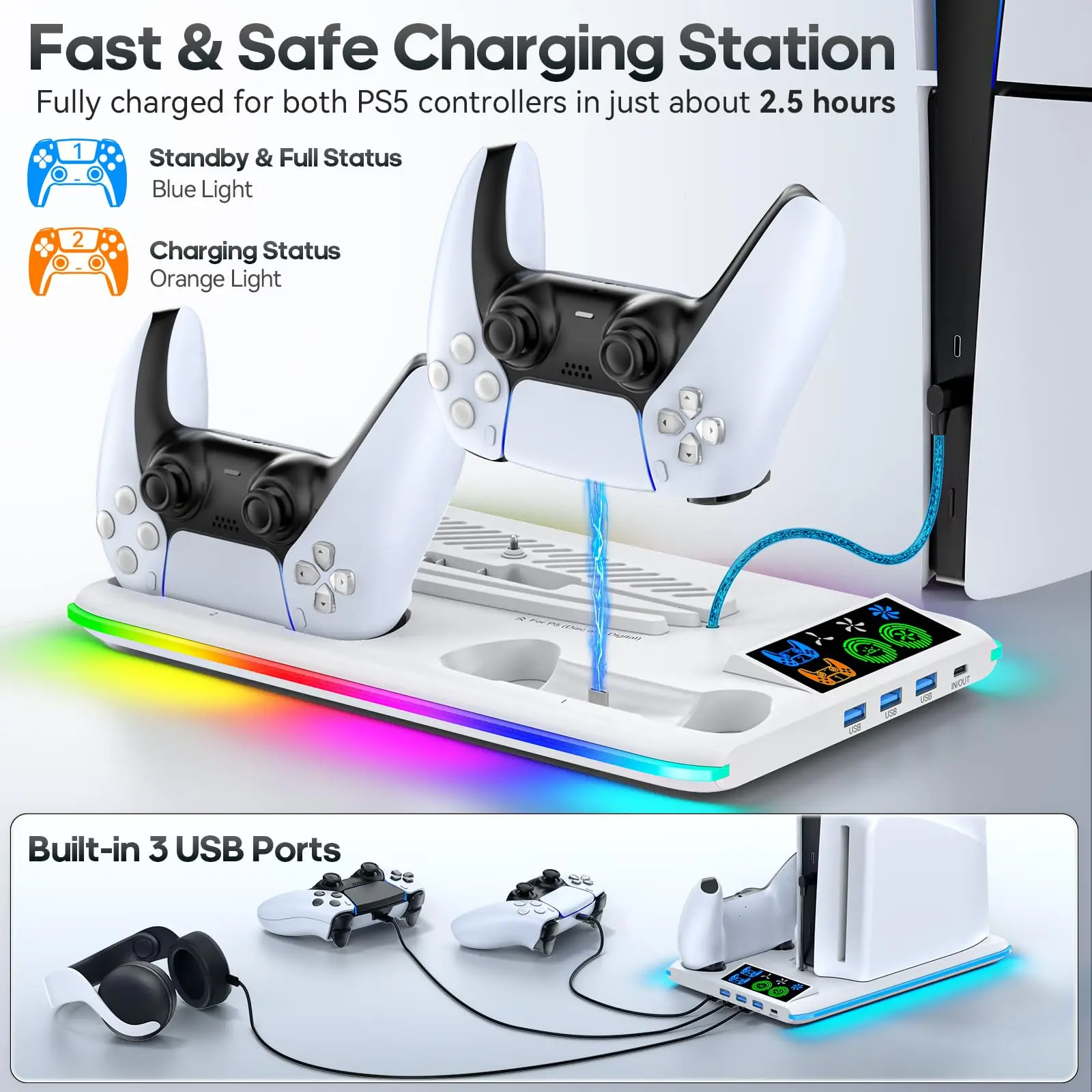 For PS5 Slim Cooling Stand PS5 cooling Station RGB Charging Base Dual Controller Charger Dock Station For Sony Playstation 5