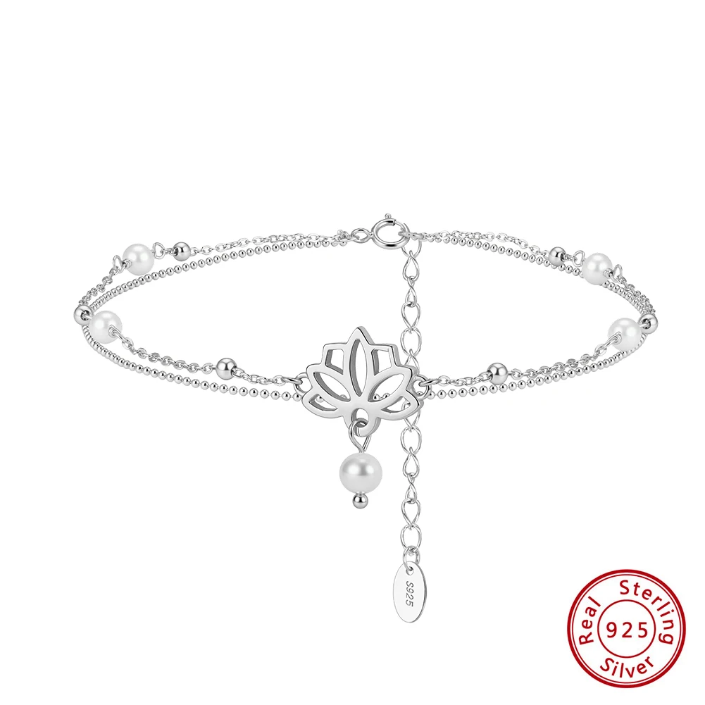 

KISS MANDY Natural Pearls Beads Flower Chain Anklet S925 Silver Dainty Summer Lotus Charm Foot Ankle Bracelet Jewelry New SA100