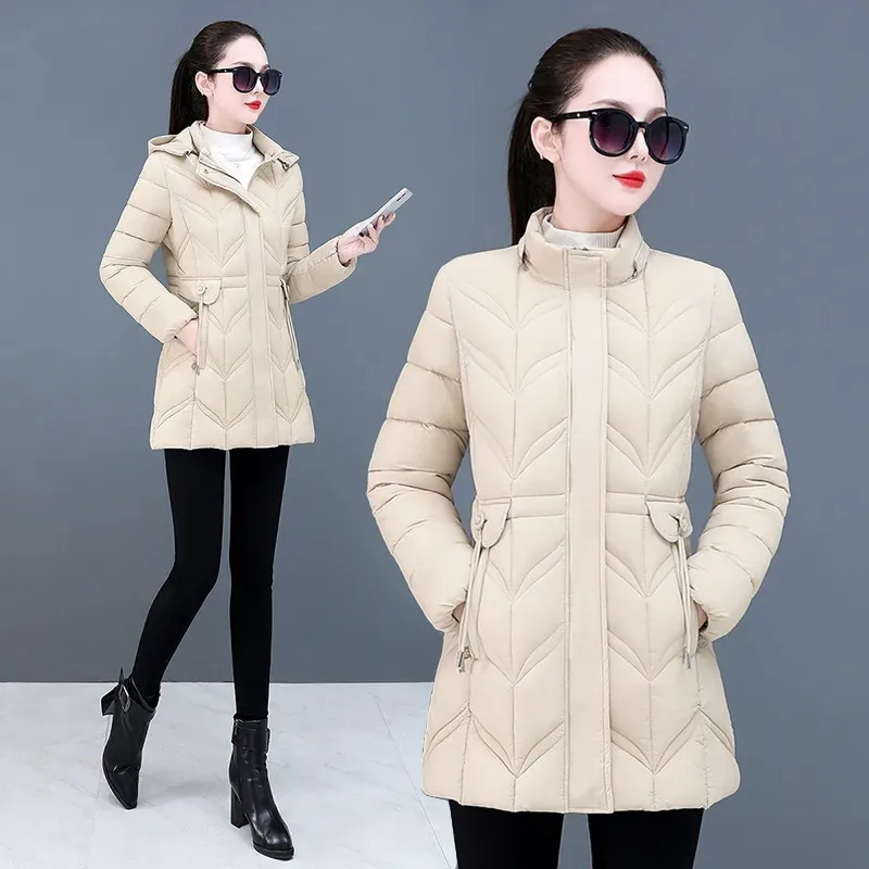 2025 Cappotto lungo in cotone di seta con piume da donna nuova invernale Giacca multifunzionale femminile sottile Piumino in cotone con tuta con cappuccio